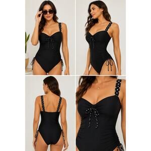 NWT Xhilaration Black Polka Dot One Piece Swimsuit Ruched Tie Front Size Large